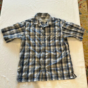 Kathmandu Short Sleeve button down up Travel Hiking plaid Shirt Men's medium EUC